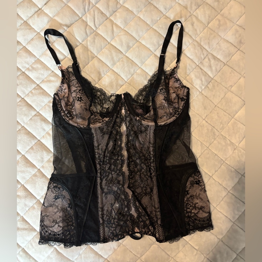 Victoria’s Secret Black & Pink Lace Corset Bustier | 34C Lace-Up Back